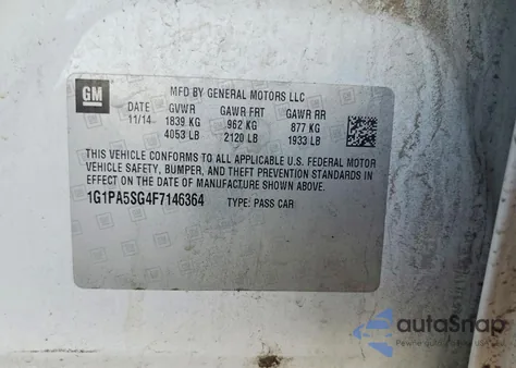 2015 Chevrolet Cruze Ls z USA, uszkodzony, nr VIN 1G1PA5SG4F7146364